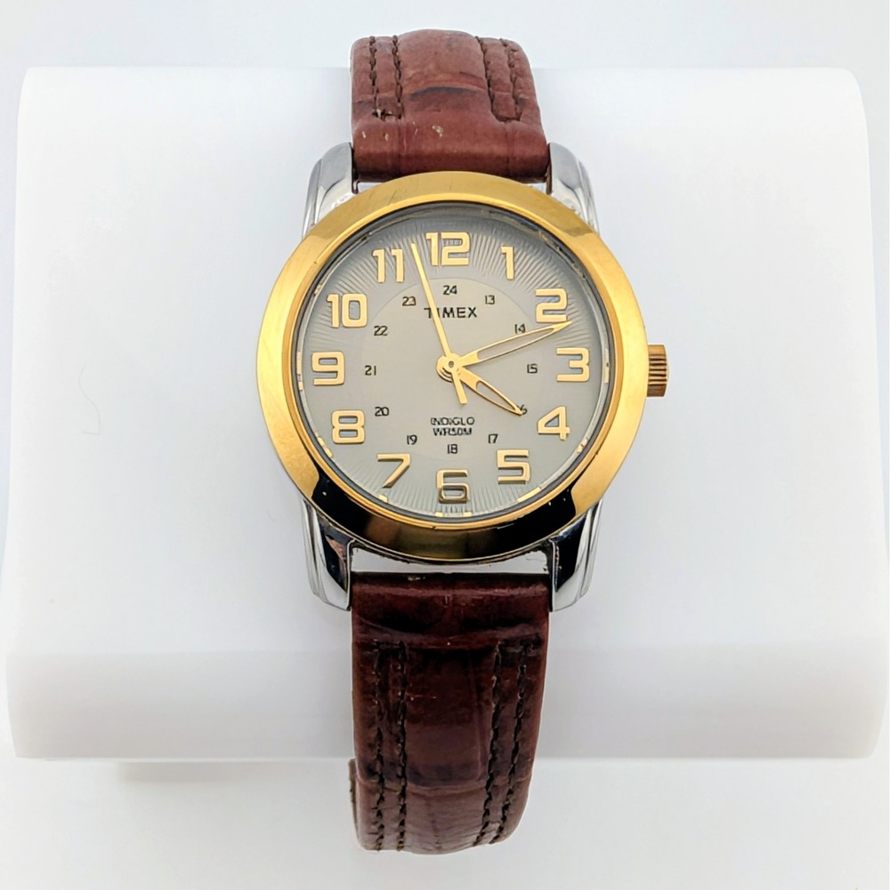Timex Indiglo Two-Tone Women's Watch Radial Textured Dial Brown Leather 28mm